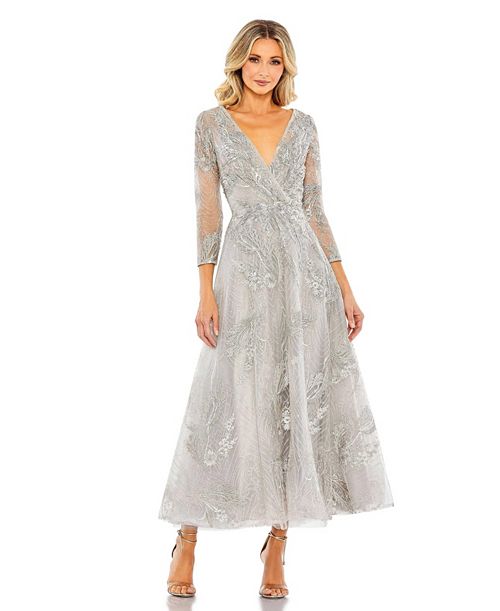 Mac Duggal Women's Embellished Wrap Over 3/4 Sleeve Dress Women's Fashion Shoes & Accessories