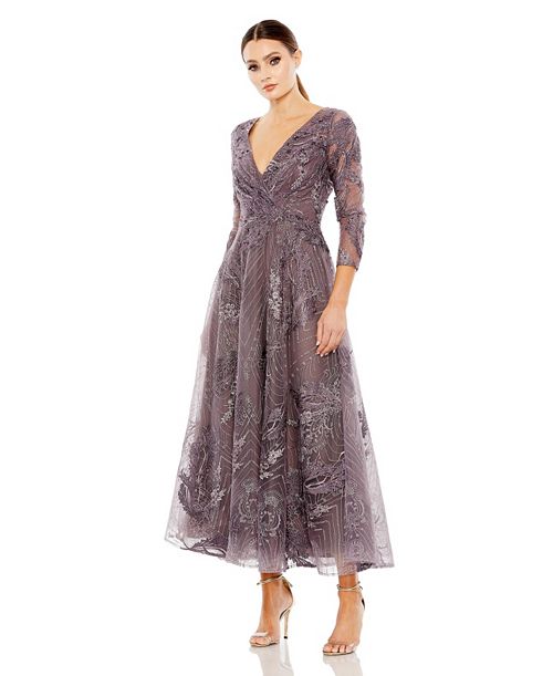 Mac Duggal Women's Embellished Wrap Over 3/4 Sleeve Dress Women's Fashion Shoes & Accessories