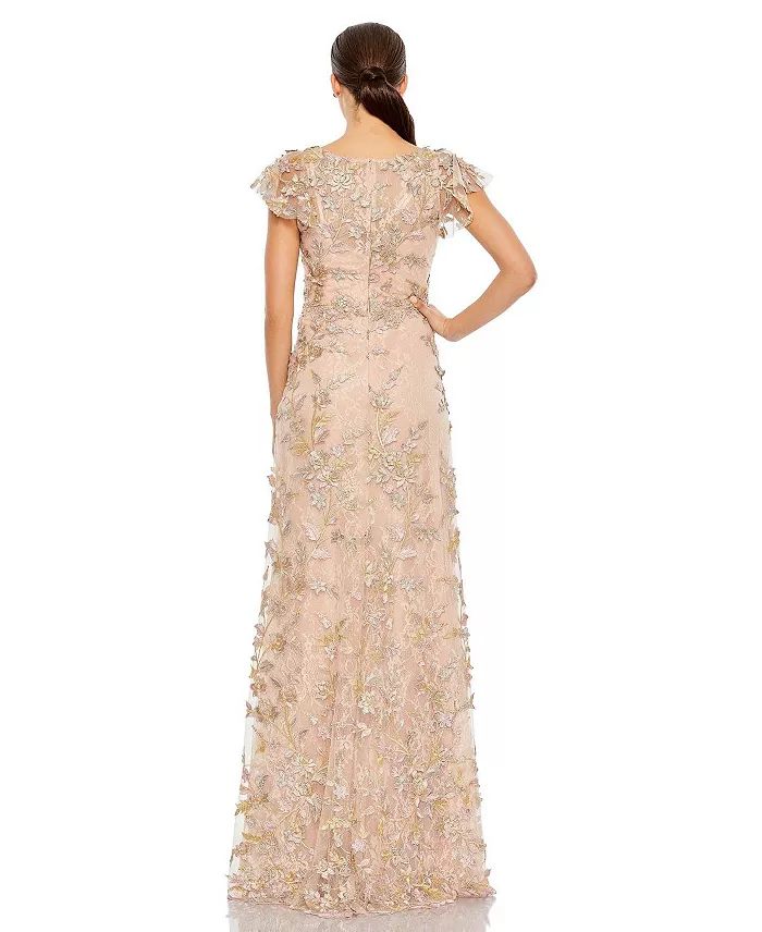 Mac Duggal Women's Embroidered Applique Wrap Over Flutter Sleeve Gown Women's Fashion Shoes & Accessories