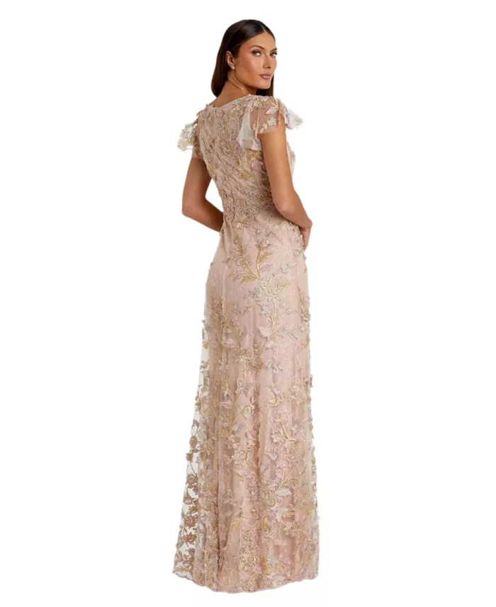 Mac Duggal Women's Embroidered Applique Wrap Over Flutter Sleeve Gown Women's Fashion Shoes & Accessories