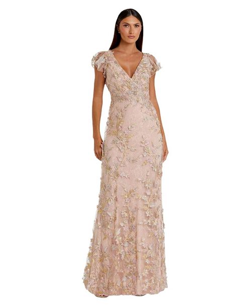Mac Duggal Women's Embroidered Applique Wrap Over Flutter Sleeve Gown Women's Fashion Shoes & Accessories