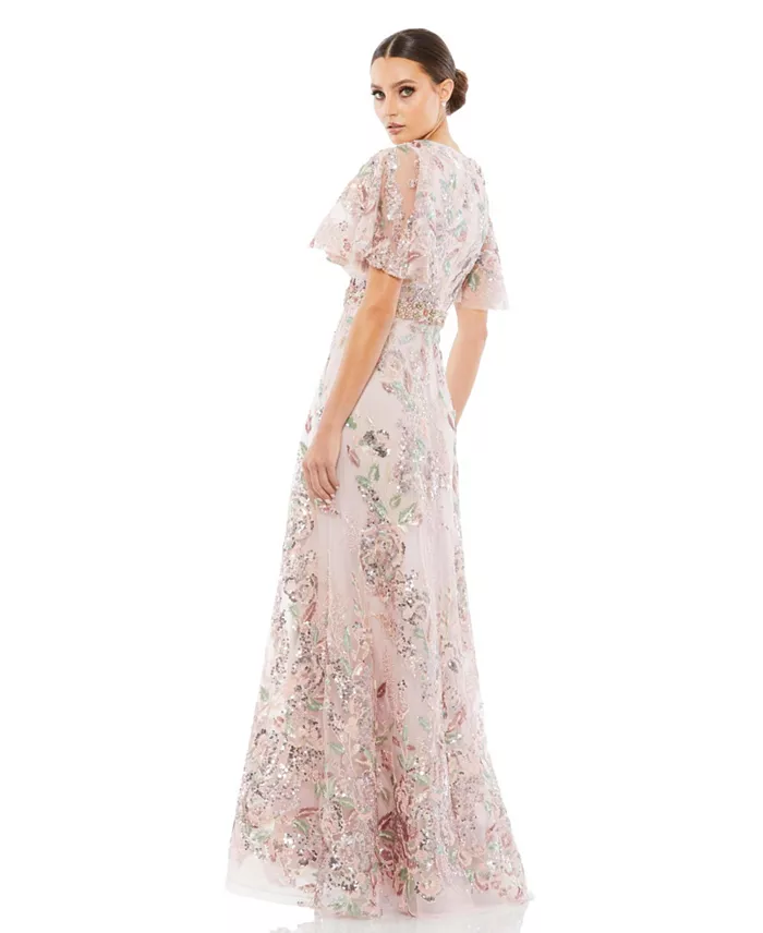 Mac Duggal Women's Floral Embellished Short Sleeve Gown Women's Fashion Shoes & Accessories