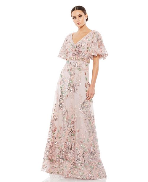 Mac Duggal Women's Floral Embellished Short Sleeve Gown Women's Fashion Shoes & Accessories