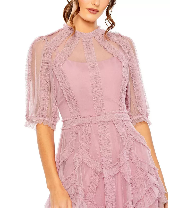 Mac Duggal Women's High Neck Puff Sleeve Ruffle Tiered Dress Women's Fashion Shoes & Accessories
