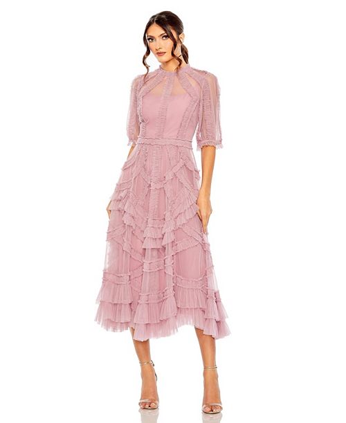 Mac Duggal Women's High Neck Puff Sleeve Ruffle Tiered Dress Women's Fashion Shoes & Accessories