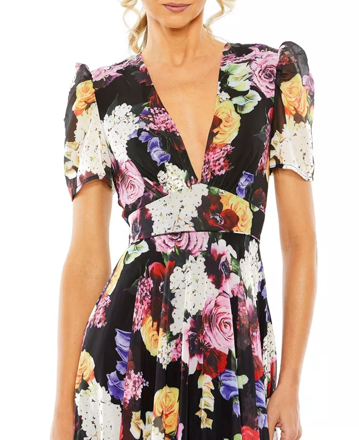 Mac Duggal Women's Ieena Floral Print Mesh Cap Sleeve Gown Women's Fashion Shoes & Accessories