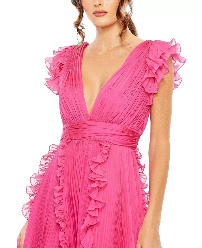 Mac Duggal Women's Pleated Ruffle Cap Sleeve Flowy A Line Gown Women's Fashion Shoes & Accessories