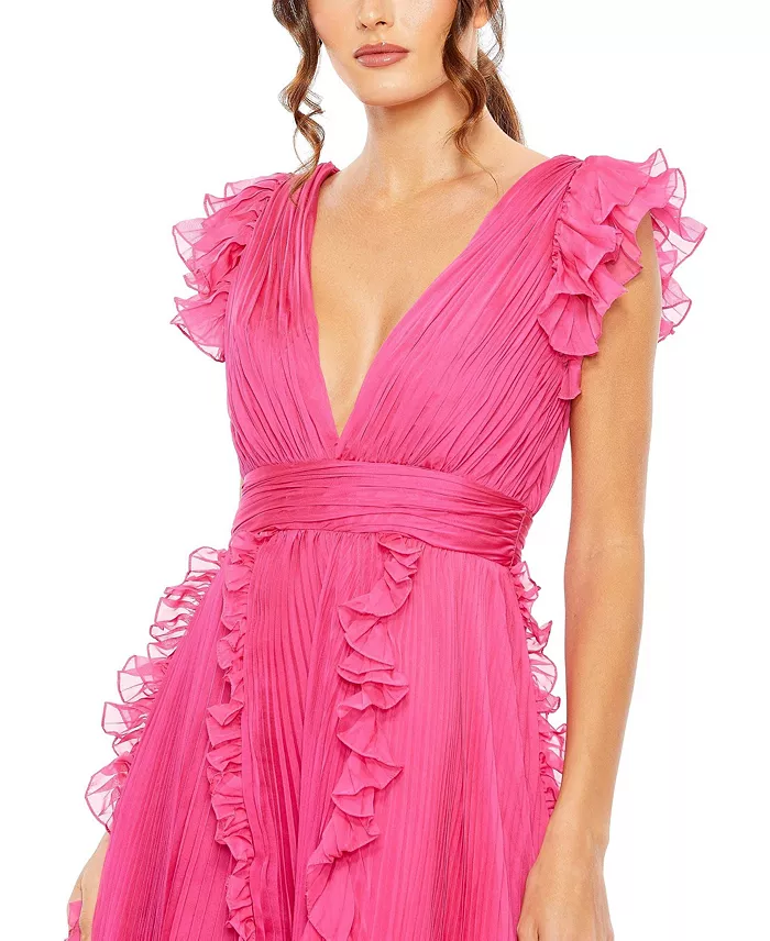Mac Duggal Women's Pleated Ruffle Cap Sleeve Flowy A Line Gown Women's Fashion Shoes & Accessories