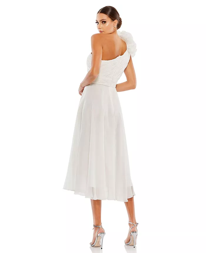 Mac Duggal Women's Rosette One Shoulder Tea Length Dress Women's Fashion Shoes & Accessories
