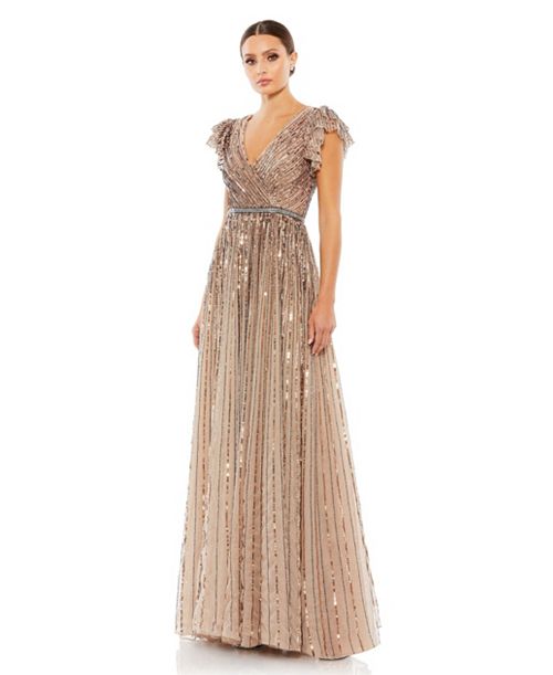 Mac Duggal Women's Sequined Wrap Over Ruffled Cap Sleeve Gown Women's Fashion Shoes & Accessories