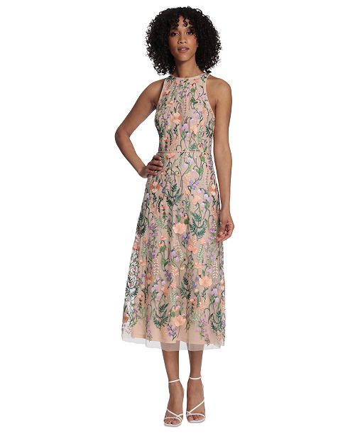 Maggy London Women's Embroidered Floral Midi Nylon Dress Women's Fashion Shoes & Accessories