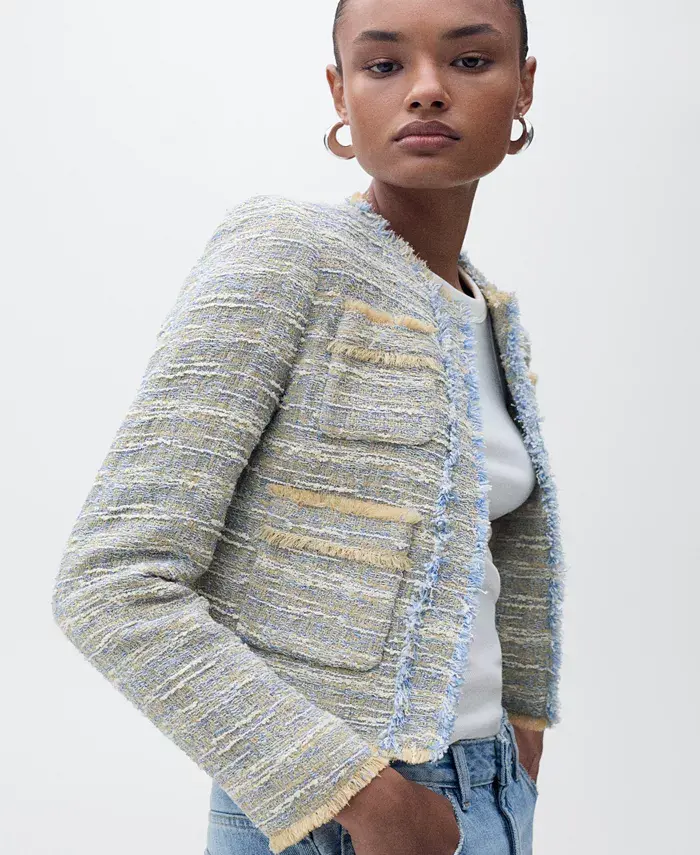 MANGO Women's Frayed Ends Tweed Jacket Women's Fashion Shoes & Accessories