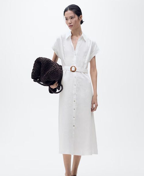 MANGO Women's Linen Shirt Dress Women's Fashion Shoes & Accessories