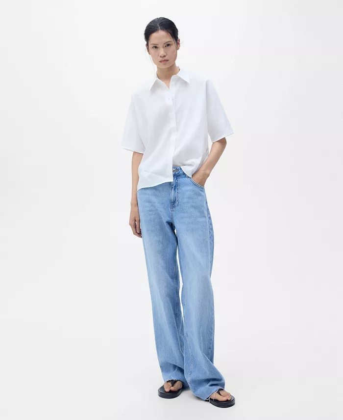 MANGO Women's Short Sleeve Linen-Blend Shirt Women's Fashion Shoes & Accessories