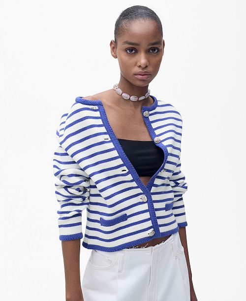 MANGO Women's Stripped Knit Cardigan Sweater Women's Fashion Shoes & Accessories