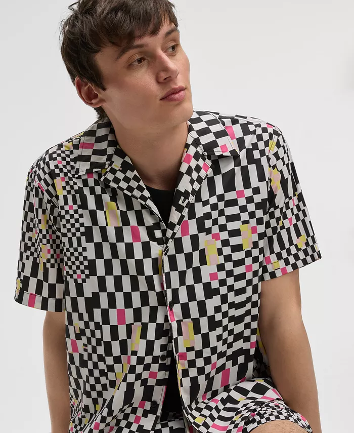 Mode Of One Men's Mixed Check Relaxed-Fit Printed Button-Down Camp Shirt Exclusively At Macy's Men's Fashion & Accessories