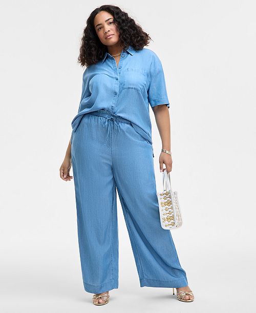 On 34th Trendy Plus Size Chambray Short-Sleeve Shirt & Chambray Drawstring Pants Exclusively At Macy's Women's Fashion Shoes & Accessories