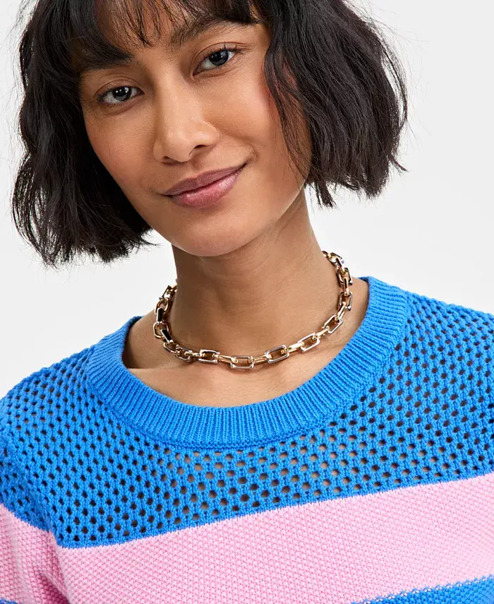 On 34th Women's Cotton Striped Perforated-Stitch Sweater Exclusively At Macy's Women's Fashion Shoes & Accessories