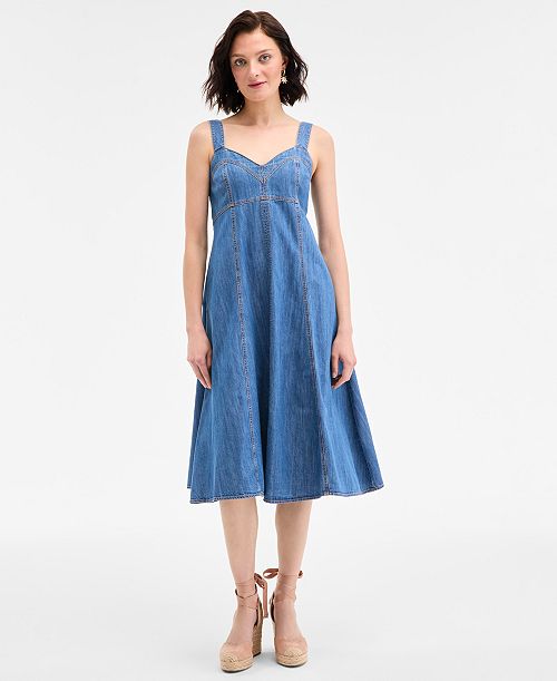 On 34th Women's Denim Sweetheart-Neck Midi Dress Exclusively At Macy's Women's Fashion Shoes & Accessories