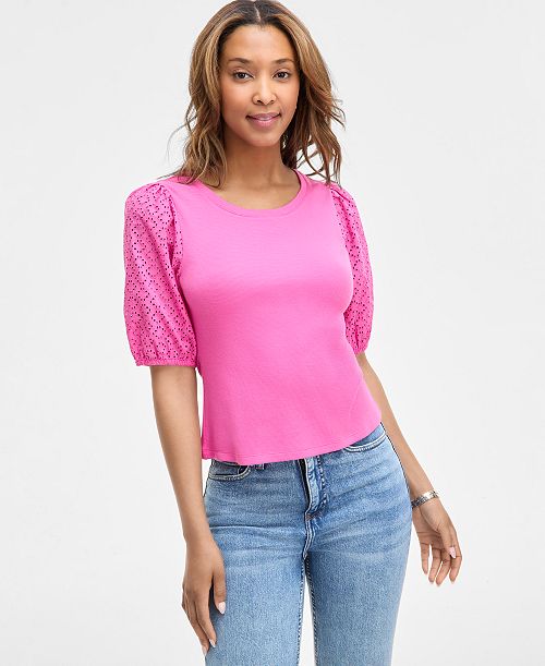On 34th Women's Eyelet-Sleeve Rib-Knit Top Exclusively at Macy's Women's Fashion Shoes & Accessories