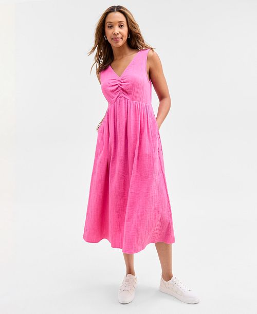On 34th Women's Gauze Double V-neck Empire Midi Dress Exclusively at Macy's Women's Fashion Shoes & Accessories