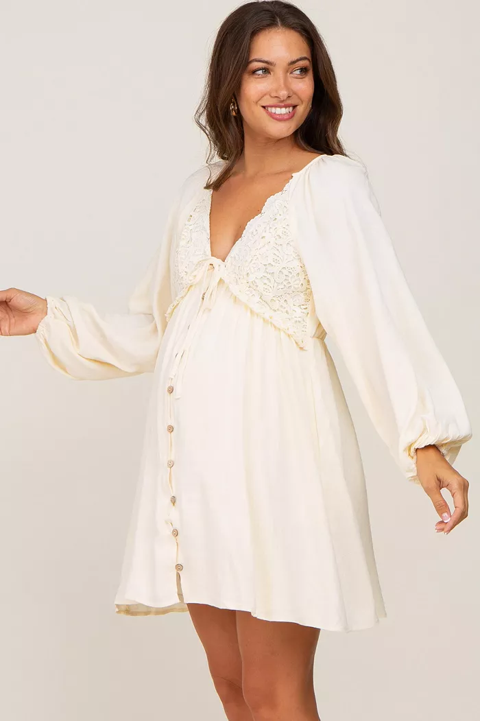Pinkblush Maternity Beige Crochet Lace Button Front Dress Women's Fashion Shoes & Accessories