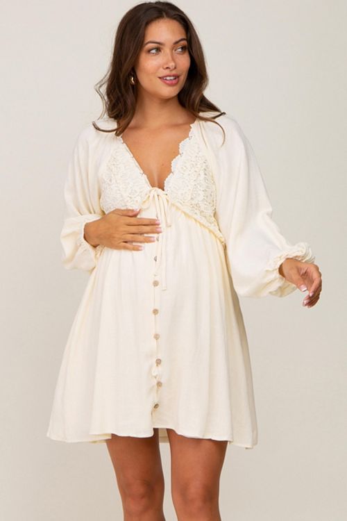 Pinkblush Maternity Beige Crochet Lace Button Front Dress Women's Fashion Shoes & Accessories