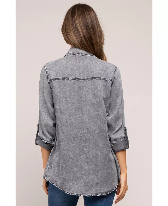 Pinkblush Maternity Charcoal Chambray Rolled Cuff Shirt Women's Fashion Shoes & Accessories