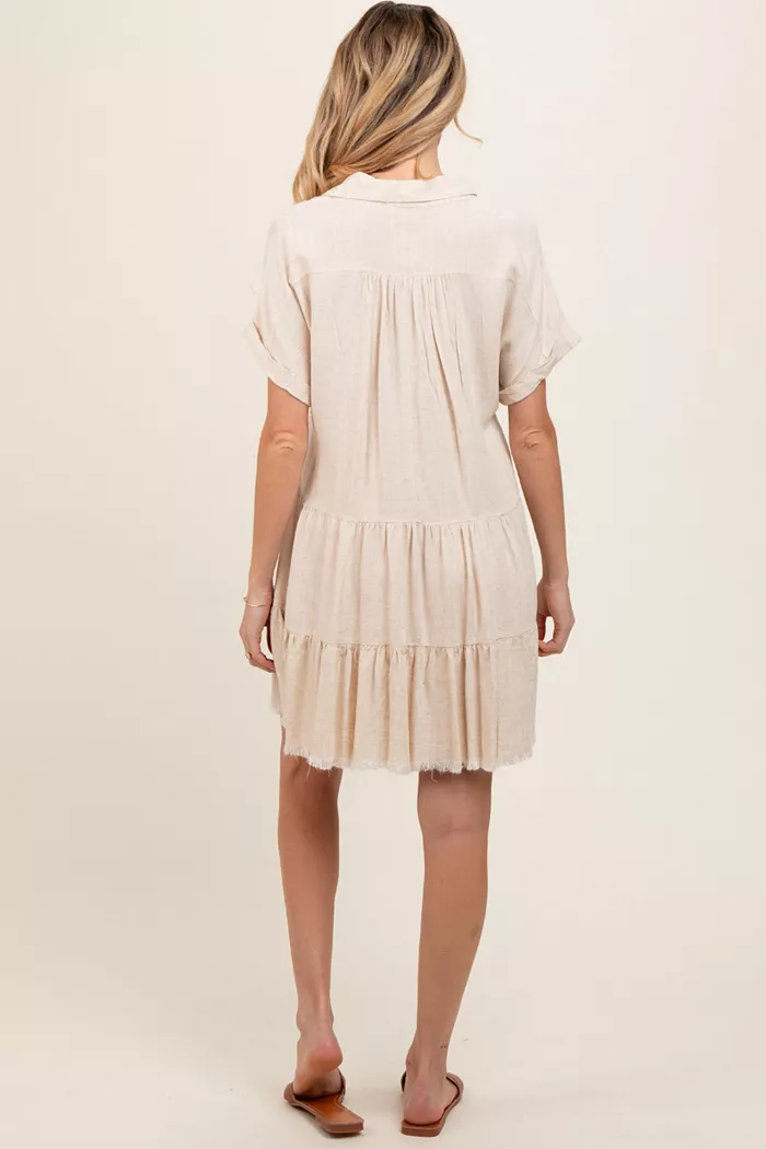Pinkblush Maternity Cream Tiered Linen Dress Women's Fashion Shoes & Accessories