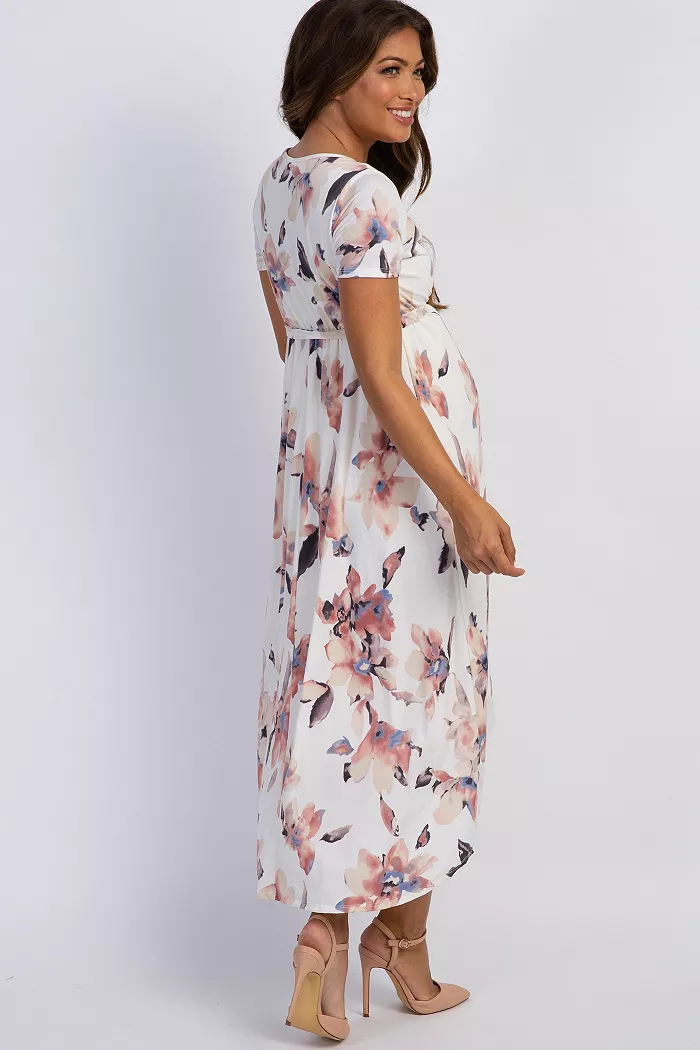Pinkblush Maternity Ivory Watercolor Floral Hi-Low Wrap Dress Women's Fashion Shoes & Accessories