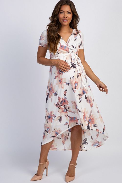Pinkblush Maternity Ivory Watercolor Floral Hi-Low Wrap Dress Women's Fashion Shoes & Accessories