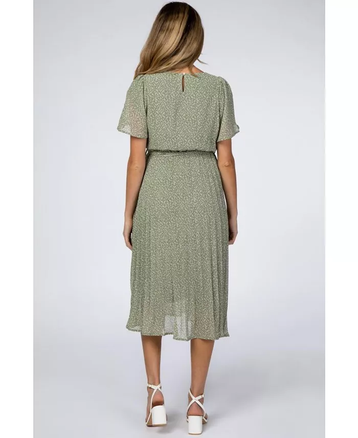 Pinkblush Maternity Light Olive Leaf Print Pleated Midi Dress Women's Fashion Shoes & Accessories