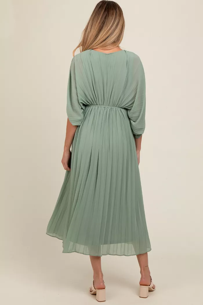 Pinkblush Maternity Light Olive Pleated V Neck Maxi Dress Women's Fashion Shoes & Accessories