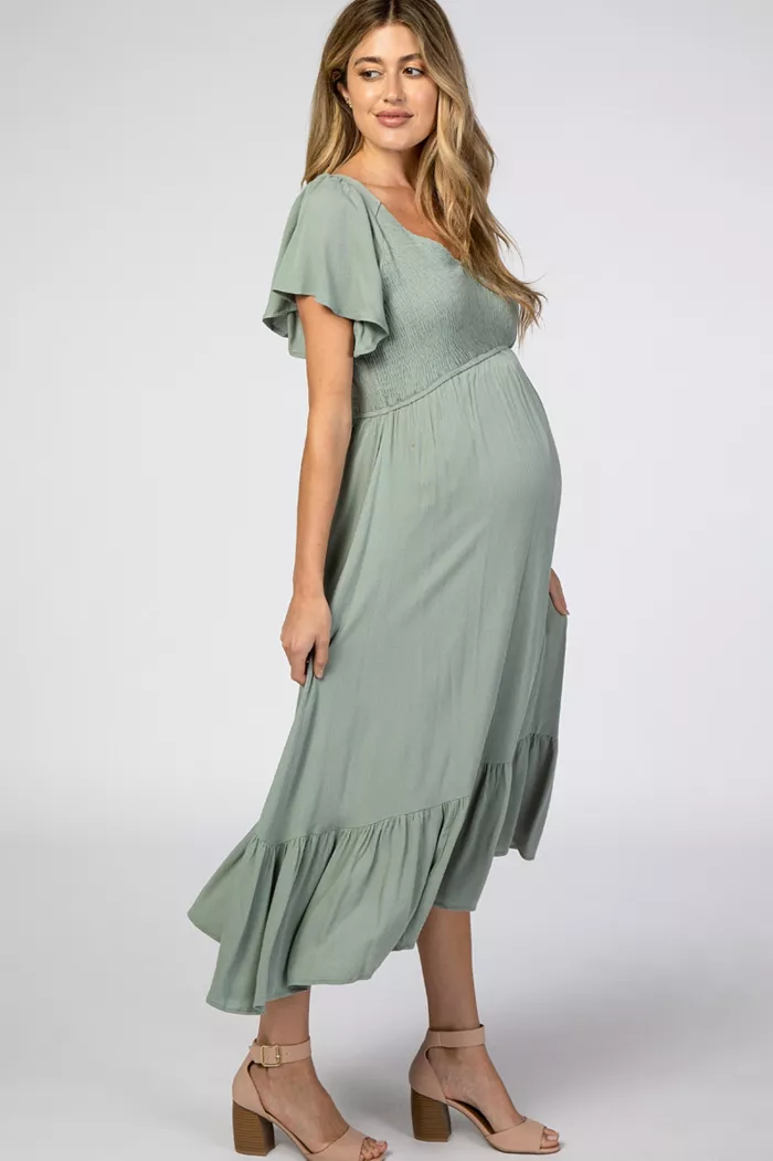 Pinkblush Maternity Mauve Smocked V-Neck Midi Dress Women's Fashion Shoes & Accessories