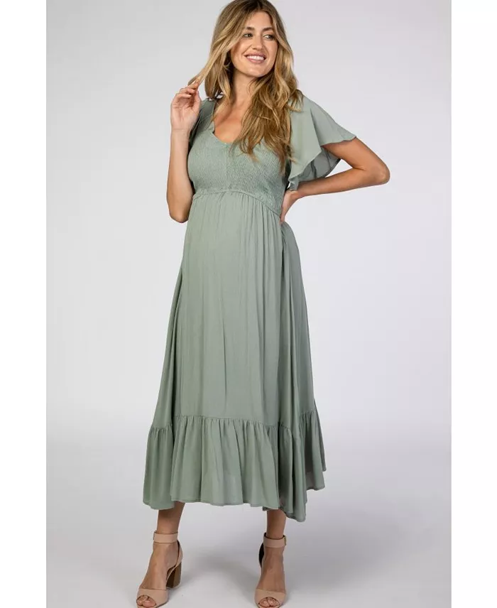 Pinkblush Maternity Mauve Smocked V-Neck Midi Dress Women's Fashion Shoes & Accessories