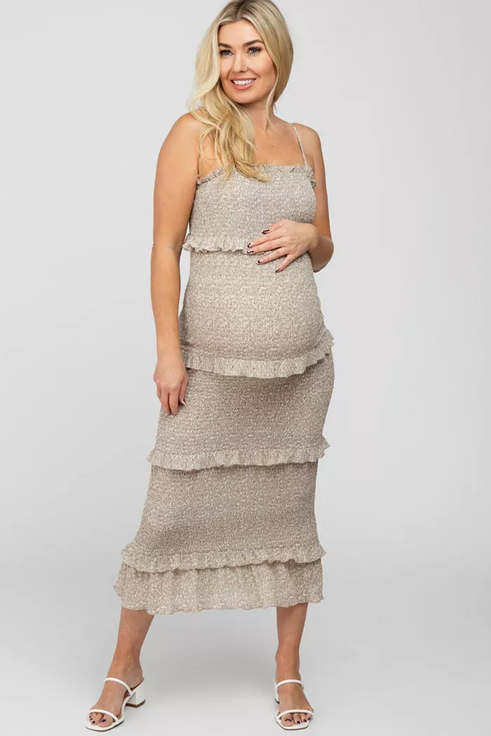 Pinkblush Maternity Taupe Leaf Print Smocked Fitted Midi Dress Women's Fashion Shoes & Accessories