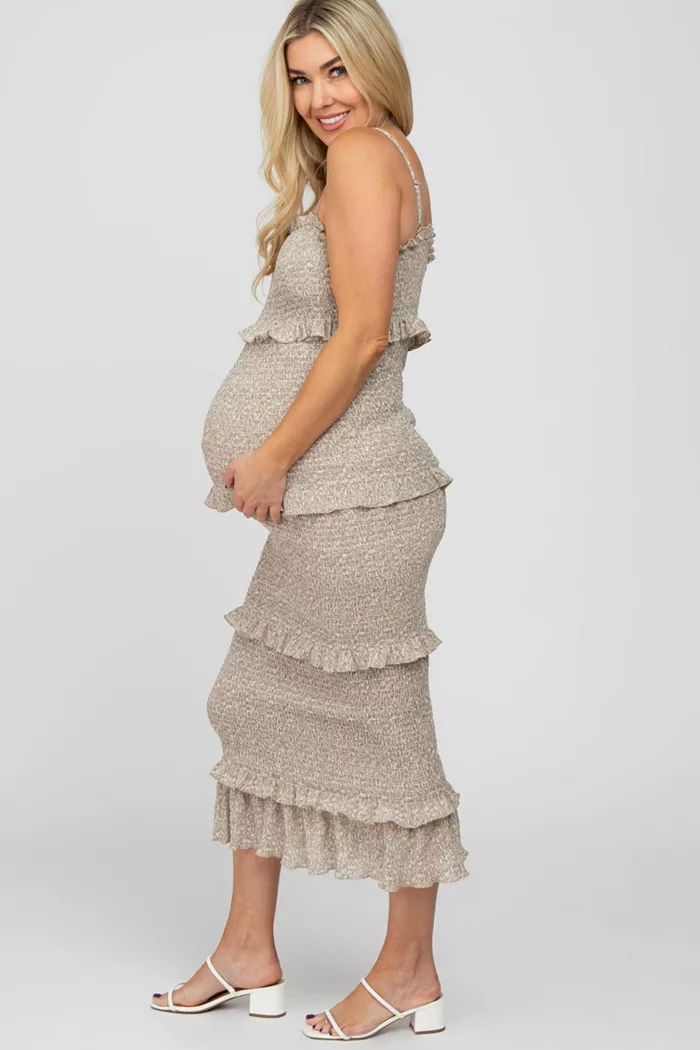 Pinkblush Maternity Taupe Leaf Print Smocked Fitted Midi Dress Women's Fashion Shoes & Accessories