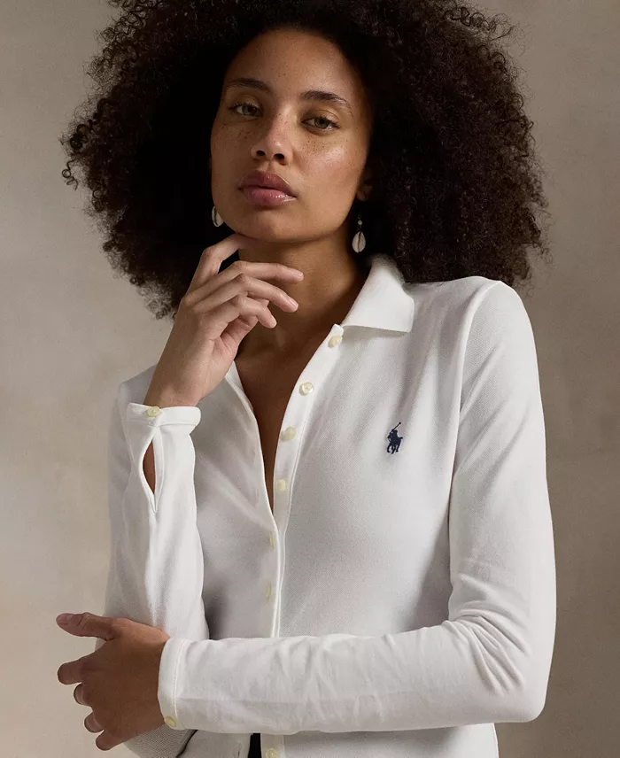 Polo Ralph Lauren Women's Buttoned-Placket Long-Sleeve Polo Shirt Women's Fashion Shoes & Accessories