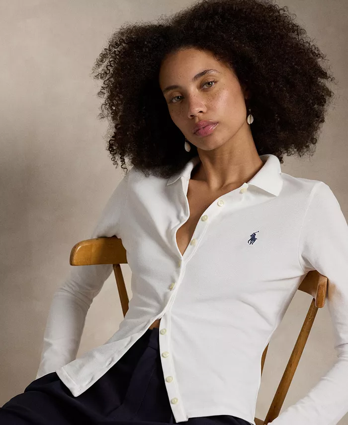 Polo Ralph Lauren Women's Buttoned-Placket Long-Sleeve Polo Shirt Women's Fashion Shoes & Accessories