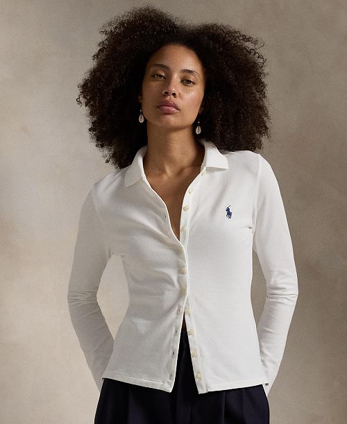 Polo Ralph Lauren Women's Buttoned-Placket Long-Sleeve Polo Shirt Women's Fashion Shoes & Accessories