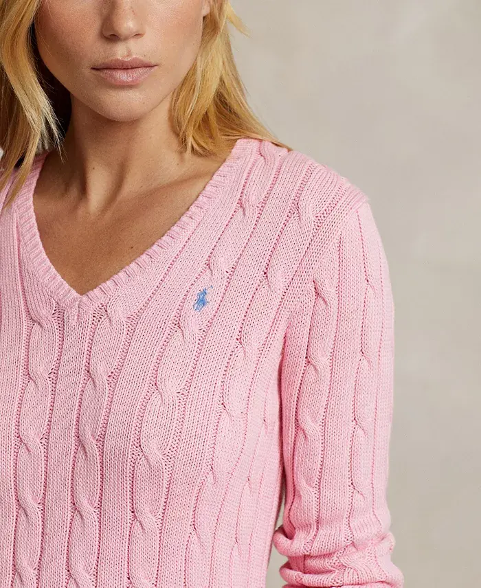 Polo Ralph Lauren Women's Cable-Knit Cotton V-Neck Sweater Women's Fashion Shoes & Accessories