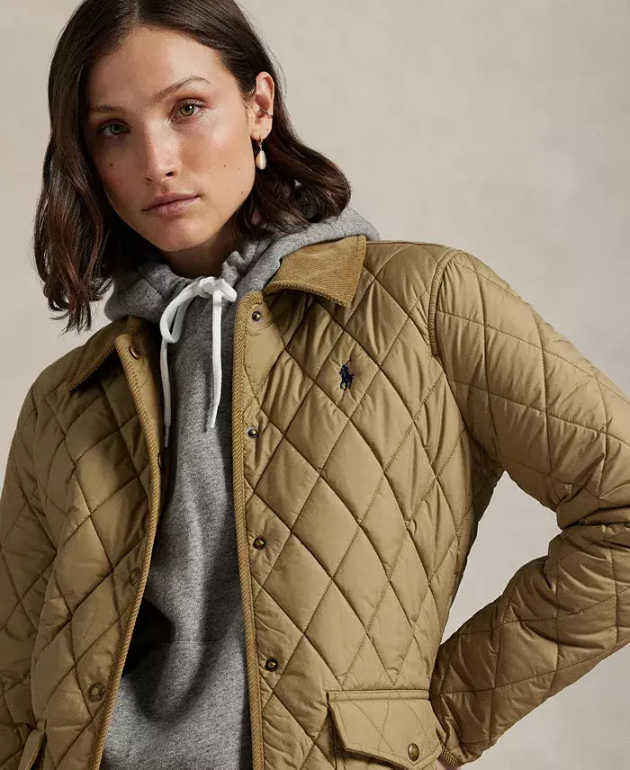 Polo Ralph Lauren Women's Corduroy-Trim Quilted Barn Jacket Women's Fashion Shoes & Accessories