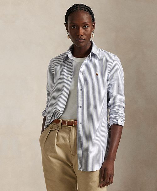 Polo Ralph Lauren Women's Stretch Slim Fit Striped Oxford Shirt Women's Fashion Shoes & Accessories