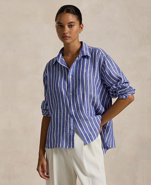 Polo Ralph Lauren Women's Wide Cropped Striped 100% Linen Shirt Women's Fashion Shoes & Accessories