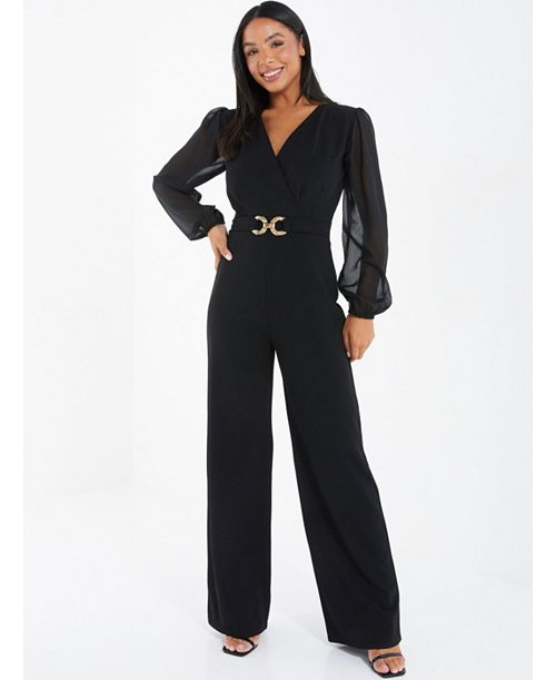QUIZ Women's Chiffon Buckle Palazzo Jumpsuit Women's Fashion Shoes & Accessories