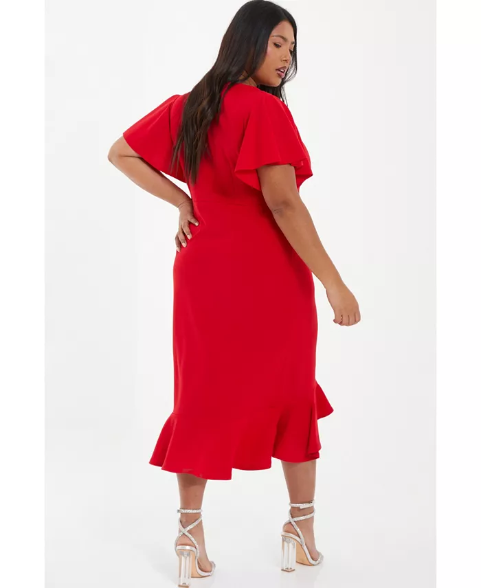 QUIZ Women's V-Neck Frill Hem Midi Dress Women's Fashion Shoes & Accessories