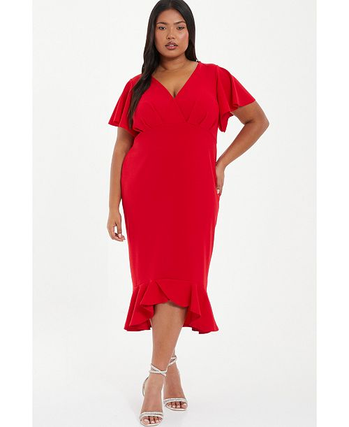 QUIZ Women's V-Neck Frill Hem Midi Dress Women's Fashion Shoes & Accessories