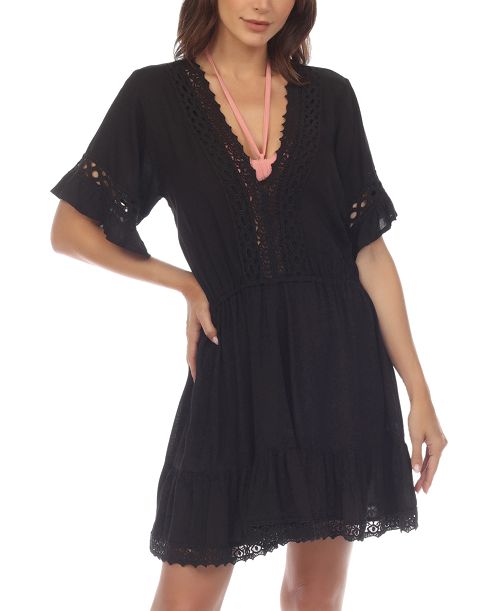 Raviya Women's V-Neck Short-Sleeve Lace-Trim Dress Cover-Up Women's Fashion Shoes & Accessories