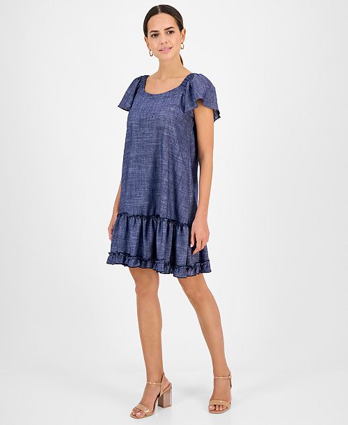 Robbie Bee Women's Square-Neck Short-Sleeve Shift Dress Women's Fashion Shoes & Accessories