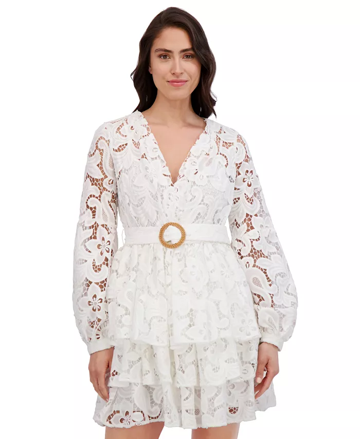 Siena Women's Blouson-Sleeve Tiered Lace A-Line Dress Women's Fashion Shoes & Accessories